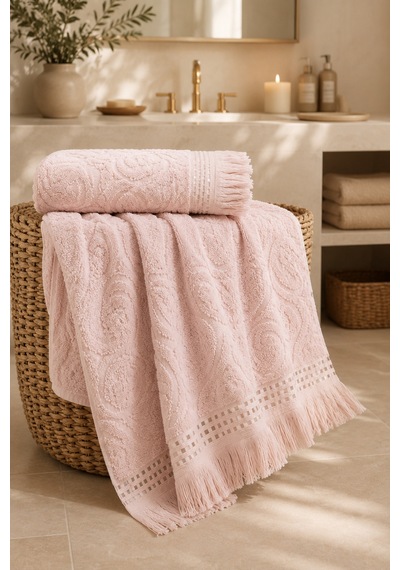 Paisley Desenli Saçaklı 2 Li Baş Ve Banyo Havlusu Seti 50x90 + 90x150 Cm - Pudra