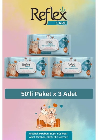 Reflex Care Alaçatı Ice Kokulu Kedi Ve Köpekler İçin Çok Amaçlı Temizleme Mendili 50'li X 3 Adet