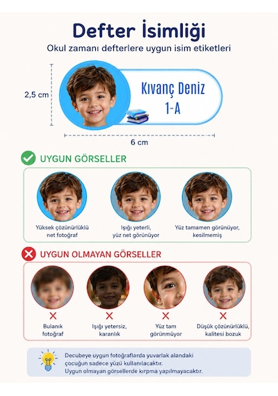 Pamuğum Atelier Kişiye Özel Fotoğraflı İsimli Okul Etiketi 48 Adet Çok Renkli
