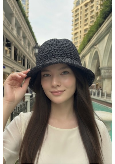 Mollycrush Kadın Siyah Yazlık Örgü Bucket Şapka Güneş Koruyucu Trend Kova Model Antrasit Siyah