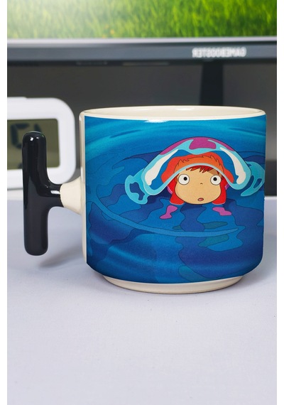 Ponyo Anime Baskılı Seramik Lüks Kupa 1 Adet T Şeklinde Özel Siyah Kulp Dalga Kulp V1t Çok Renkli