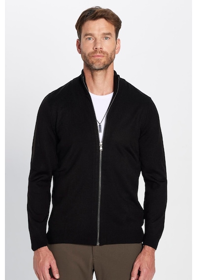 Tudors Erkek Slim Fit Dar Kesim Siyah Dik Yaka Fermuarlı Düz Hırka-32260 Siyah