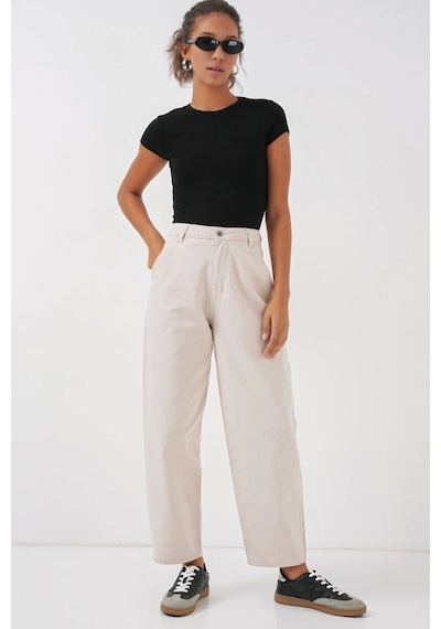 Defymoda 6703 Yüksek Bel Kot Pantolon - Ekru Ekru