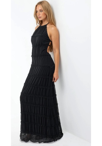 Hiccup Halter Yaka Dokulu Maxi Elbise Siyah