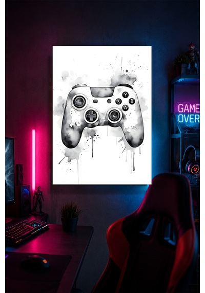 Siyah Beyaz Oyun Kumandası Metal Duvar Tablosu Gamer Oda Dekoru Modern Tasarım 30x40 Cm A3 Boyutunda