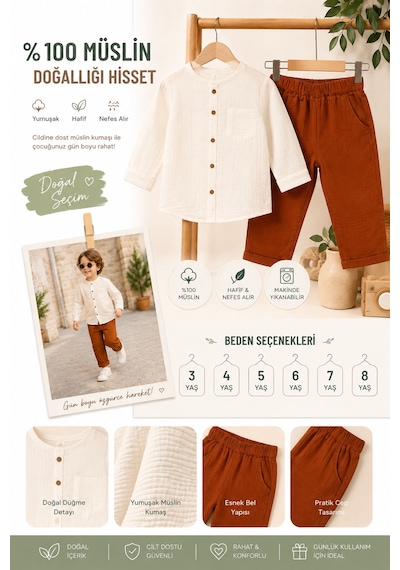 Nota Kids Müslin Çocuk Takım %100 Pamuk Yazlık İkili Takım Bej Düğmeli Gömlek Ve Pantolon Kahverengi Nota Kids Müslin Çocuk Takım %100 Pamuk Yazlık İkili Takım Bej Düğmeli Gömlek Ve Pantolon Kahverengi
