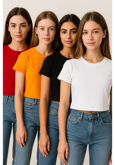 Kadın 4'lü Paket Oversize Crop Tişört %100 Pamuk Bisiklet Yaka T-shirt Turuncu