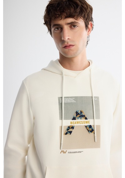 Avva Erkek Ekru Kapüşonlu Pamuklu Baskılı Elastan Regular Fit Sweatshirt A42y1321