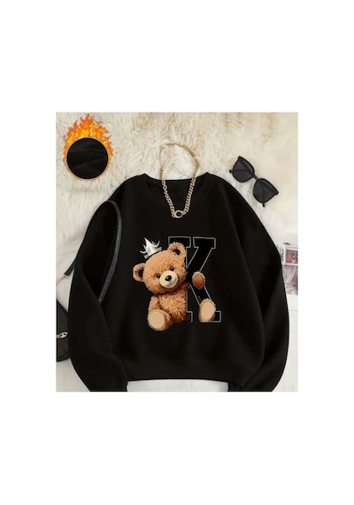 Herkesemoda Kral Ayıcık Baskı Desen Detaylı Bisiklet Yaka Sweatshirt Siyah