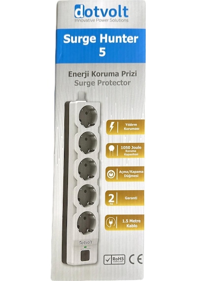 Dotvolt Beşli 1.5 Metre Kablolu Akım Korumalı Priz Beyaz Anahtarlı Surge Hunter 1050 Joule