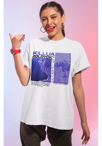 Killua Zoldyck Hunter X Hunter Baskılı Unisex Oversize Anime Tişö Beyaz