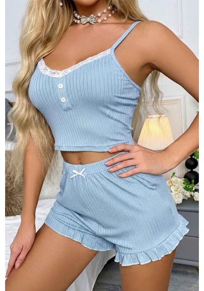 Merry See Dantelli Askılı Crop Üst Ve Fırfır Paça Mini Şortlu Pijama Takım Mavi