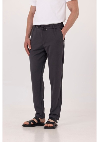 Sabri Özel Antrasit Dokulu Arka Lastikli Köprü Kemerli Bağcıklı Slim Fit Jogger Pantolon