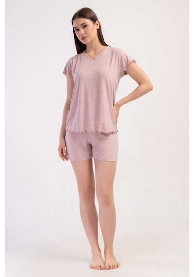 Yake Store Kadın Lyc Vıscon Xxl Kayık Yaka Fıyonklu Kısa Kol Bıbılalı Etegı Oval Sort Takım - Rosebloom Pembe