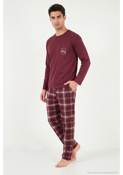 Buratti Ekoseli Pamuklu Bisiklet Yaka Pijama Takımı Erkek Pijama Takımı 6575007 Bordo