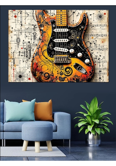 Müzik Notalı Renkli Gitar Dekoratif Kanvas - Mdf Ahşap Tablo