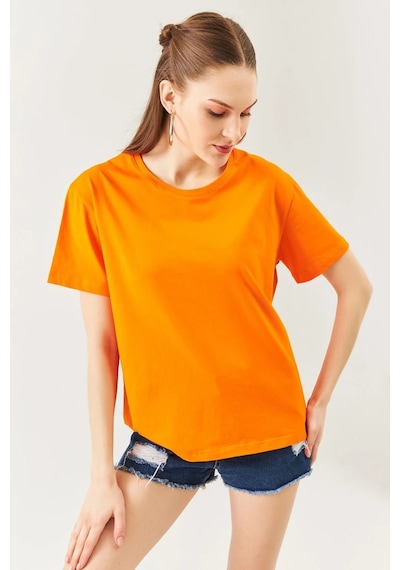 Kadın Oversize Rahat %100 Pamuklu Penye Bisiklet Yaka Kısa Kol Basic T-shirt Turuncu