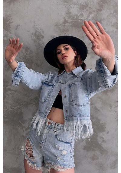 Buz Mavi Saçak Detaylı Denim Ceket Bcdf-245413 Çok Renkli