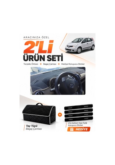 Nissan Note E11 2005-2009 Uyumlu Torpido Örtüsü + Tay Tüyü Bagaj Çantası + Sticker - Siyah Gri