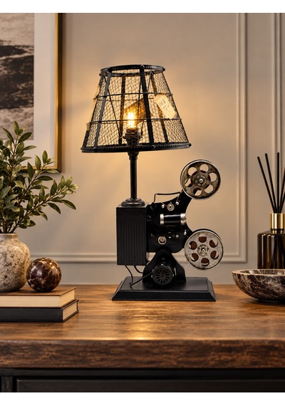 Müjde Concept Retro Projeksiyon Makinesi Tasarımına Sahip Dekoratif Abajur Siyah