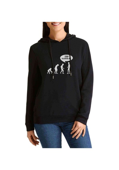 Stop Followıng Me Baskılı Siyah Kadın Kapşonlu Sweatshirt