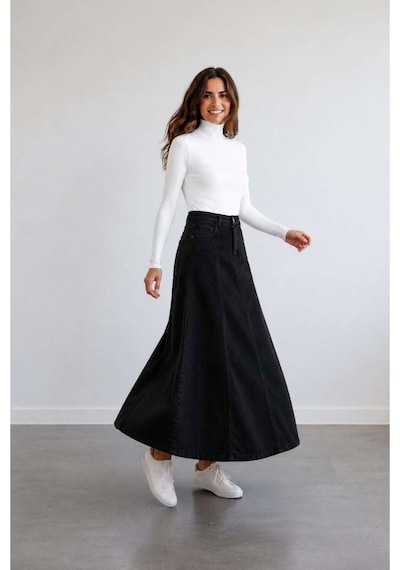 Vellichor Parçalı Uzun Denim Etek - Siyah Çok Renkli