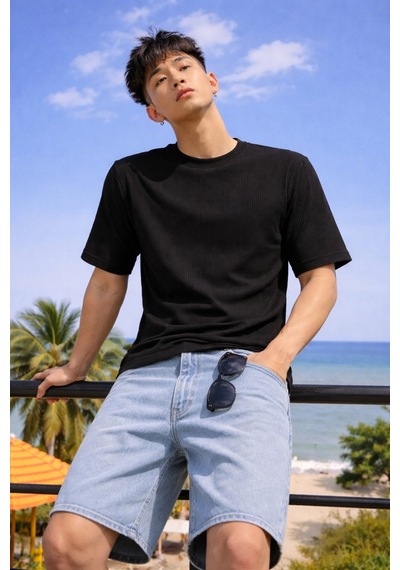 Tarz Cool Erkek Jakarlı Oversize Tişört Bisiklet Yaka Rahat Kalıp Yazlık Basic T-shirt Siyah