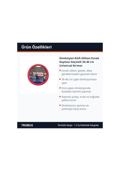 Trobus Honda City 2021 Ve Sonrası Uyumlu Direksiyon Kılıfı Silikon Geçmeli 36-40 Cm Kırmızı