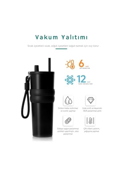 Lüks Çelik Termos Bardak - Çift Yalıtımlı Pipetli Mug - Mat Siyah-sıcak-soğuk Açık Beyaz