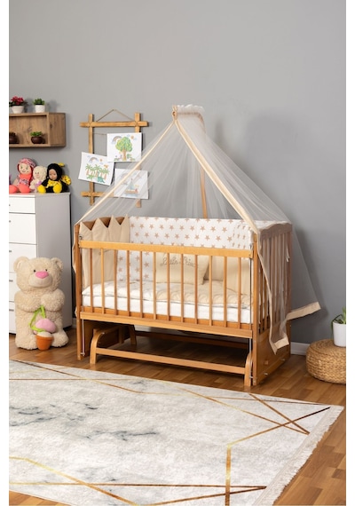 Ahşap Beşik Anne Yanı Beşik Vernikli 60x120 - Krem Nakış Erkek Uyku Seti + Yatak Ahşap