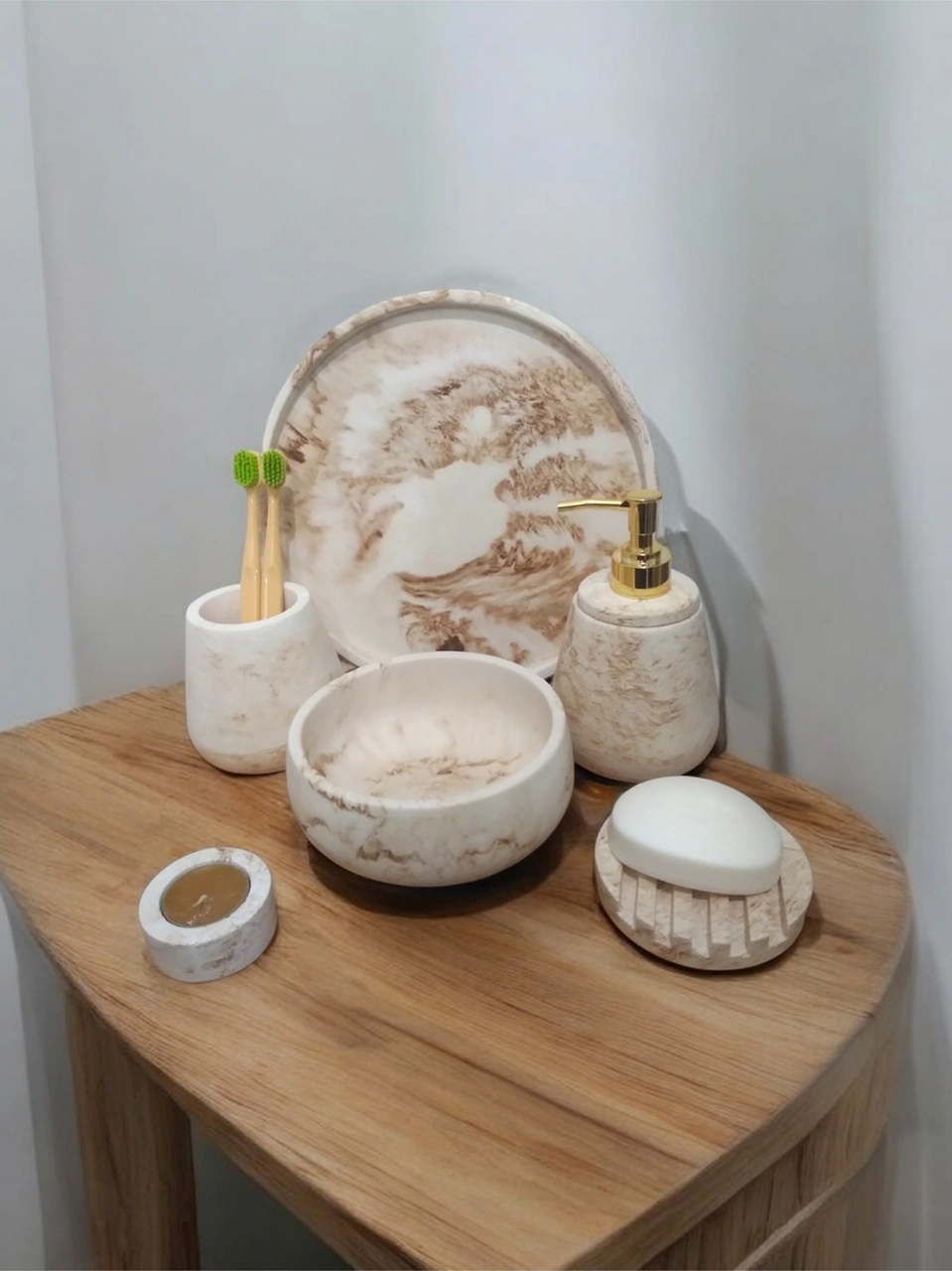 6'lı Mermer Desen Bej Beton Banyo Seti,sabunluk,diş Fırçalığı,tepsi,mumluk,havluluk, Aksesuar Bej