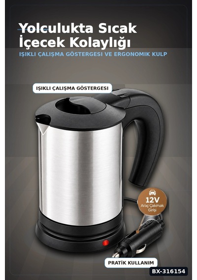 Araç İçi Su Isıtıcı Kettle 12v Çakmaklık Girişli Paslanmaz Çelik Termos Bx-316154