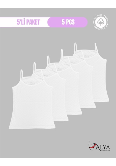Alya Underwear Kız Çocuk - Garson İp Askılı %100 Pamuklu Atlet Kalpli Jakarlı Kumaş 5'li Paket Beyaz