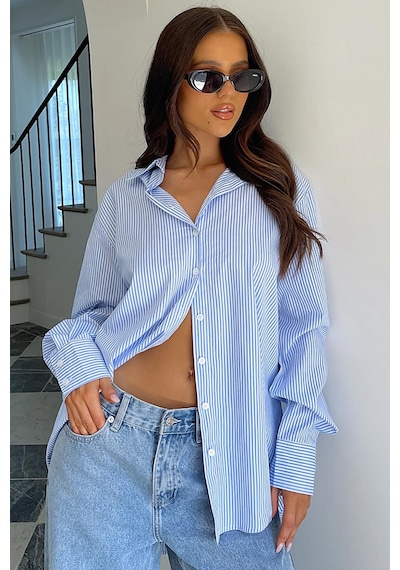 Seeh Mavi Çizgili Düğme Detaylı Oversize Uzun Kollu Kadın Gömlek Sh180 Çok Renkli