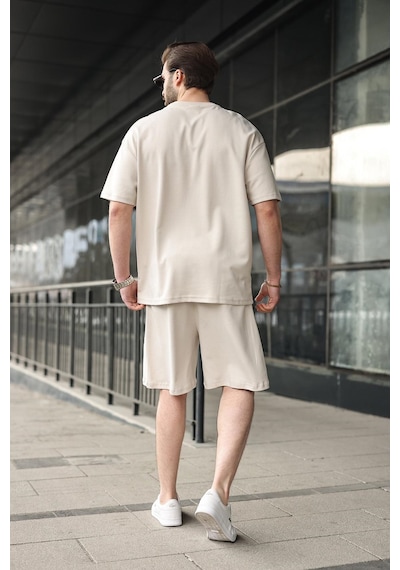 Madmext Taş Rengi Bisiklet Yaka Oversize Erkek Şort T-shirt Takım E7355 Taş Rengi
