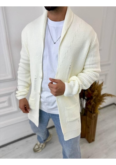 Elku Moda Hırka Örgülü Şal Yaka Cepli Lazer Kesim Yırtık Detaylı Tüylenmez Örgü Triko Hırka Beyaz Elku Moda Hırka Örgülü Şal Yaka Cepli Lazer Kesim Yırtık Detaylı Tüylenmez Örgü Triko Hırka Beyaz