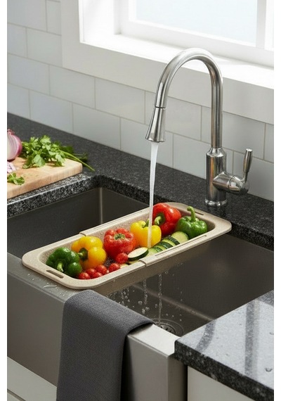 Sieve Bej - Pratik Ayarlanabilir Sürgülü Lavabo Süzgeci - Meyve Sebze Yıkama Aparatı Bej