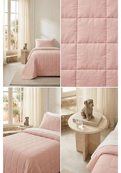 Ocean Home Textile %100 Pamuk Kumaş Kapitoneli Pembe Çok Amaçlı Tek Kişilik Yatak Örtüsü Seti 1 Adet 180 X 230 / 1 Adet 50 X 70 Cm