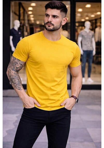Novalisse Erkek Body Tişört Bisiklet Yaka Slim Fit Likralı T-shirt - Sarı Çoklu Renk