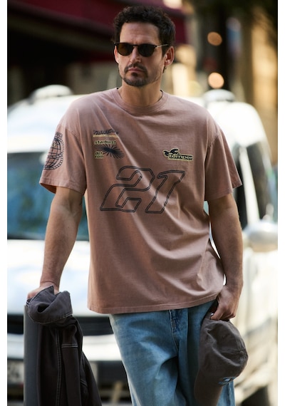 Grımelange Spıez Erkek %100 Organik Pamuklu Yıkama Ve Baskı Detaylı Regular Vizon T-shirt