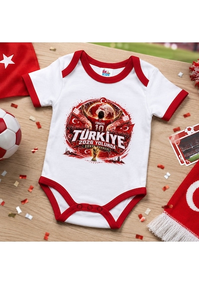 Bk Gift Türkiye Taraftar Temalı 2026 Dünya Kupası Tasarımlı Kırmızı Bebek Body Zıbın-6 Tek Yürek Milli Takım Ruhu