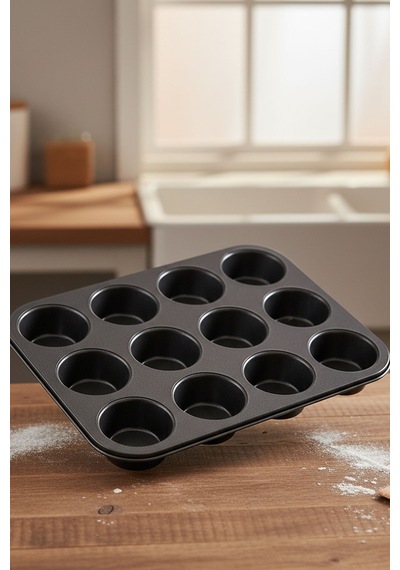 12 Gözlü Muffin Kek Kalıbı Paslanmaz Siyah Portatif Tasarım Kek Kalıbı Siyah