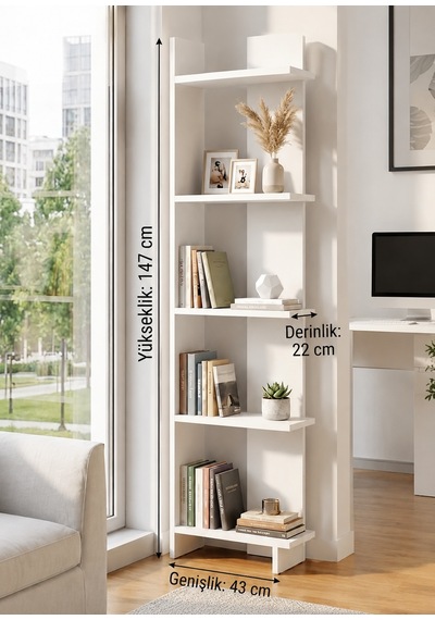 Andes Dekoratif Kitaplık Ve Çok Amaçlı Raf Ünitesi Modern Salon Kitaplığı Açık Raf Sistemi Beyaz