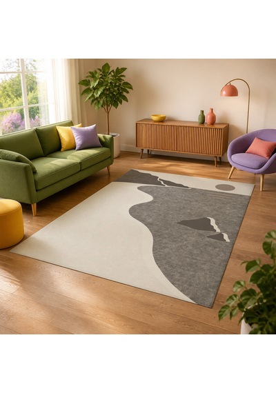 Kartela Halı Kıyı Deniz Manzaralı Modern Halı Açık Gri Kaymaz Taban Makinede Yıkanabilir 120x180 Cm