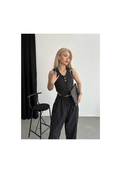 Unika Boutique Çizgili Astarlı Yelek Pantolon Takım siyah