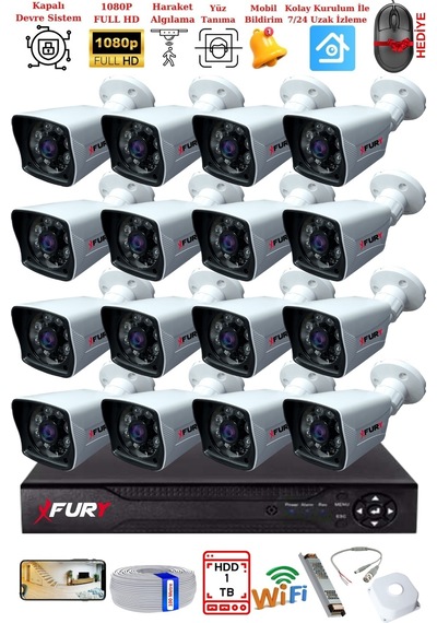 Fury 16 Kameralı 2mp Full Hd Görüntü 6 Atom Led Gece Görüşlü Dış Mekan Güvenlik Kamerası Seti 1tb