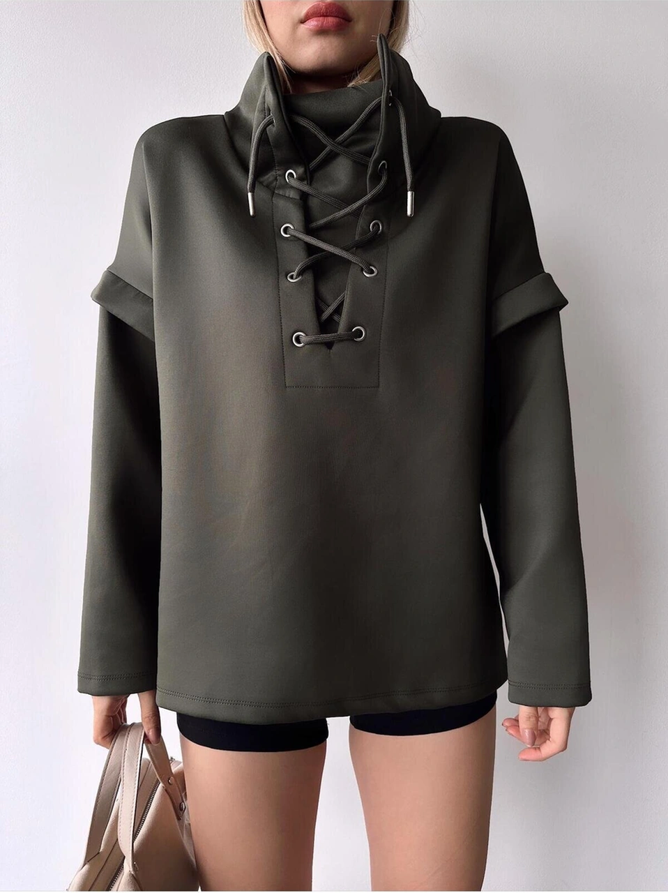 Kadın Tasarım Bağcıklı Yaka Super Şık Trend Scuba Sweatshirt Haki