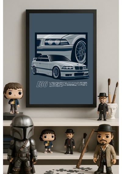 Bmw E36 Siyah Ahşap Çerçeveli Poster, Dekoratif Araba Duvar Tablosu