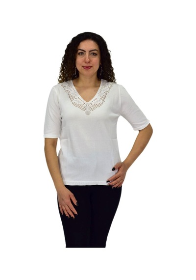 Kadın Yarım Kol V Yaka Yaka Sırt Detaylı Triko Tişöt 12837 Bgl-st04658 Ekru