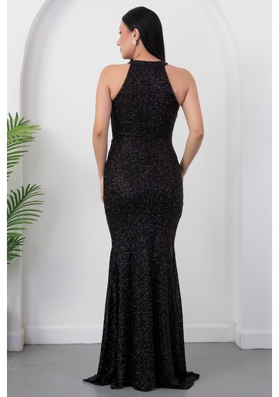 Kalopya Halter Yaka Yırtmaçlı Boncuklu Elbise 41099 Siyah